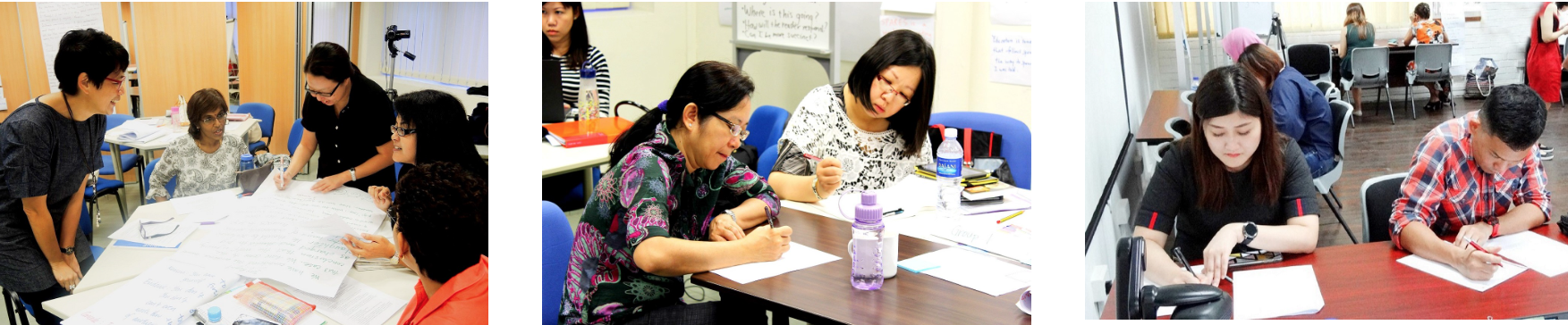 Three classroom scenes showing groups of people sitting at tables, writing and collaborating on worksheets.